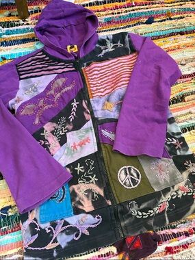 Boho Patchwork Zip Hoodie Sweater - Purple